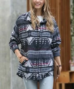 42POPS | Black Geometric Jacquard Curved-Hem Pocket Shacket - Women