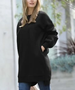42POPS | Black Relaxed-Fit Crewneck Longline Pocket Sweatshirt - Women