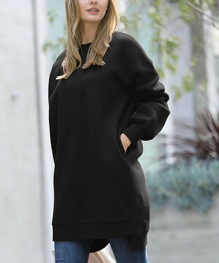 42POPS | Black Relaxed-Fit Crewneck Longline Pocket Sweatshirt - Women