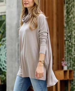 42POPS | Ash Mocha Cowl Neck Long-Sleeve Side-Slit Hi-Low Tunic - Women
