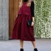 42POPS | Dark Burgundy Corduroy Square Neck Sleeveless Pocket Midi Dress - Women