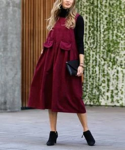 42POPS | Dark Burgundy Corduroy Square Neck Sleeveless Pocket Midi Dress - Women