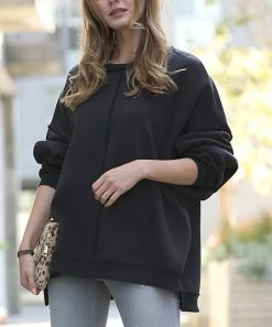 42POPS | Black Over-Sized Front-Seam Hi-Low Crewneck Sweatshirt - Women