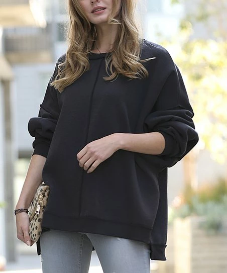 42POPS | Black Over-Sized Front-Seam Hi-Low Crewneck Sweatshirt - Women