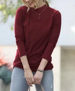 42POPS | Dark Burgundy Slim-Fit Mock Neck Long-Sleeve Top - Women