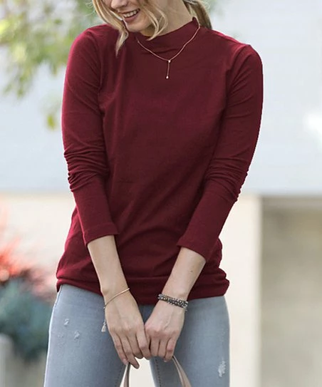 42POPS | Dark Burgundy Slim-Fit Mock Neck Long-Sleeve Top - Women