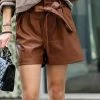 42POPS | Dark Camel Faux Leather Tie-Waist Pocket Paper-Bag Shorts - Women