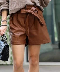 42POPS | Dark Camel Faux Leather Tie-Waist Pocket Paper-Bag Shorts - Women