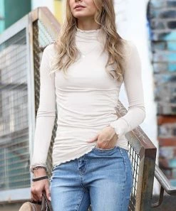 42POPS | Ivory Lettuce-Hem Mock Neck Long-Sleeve Top - Women