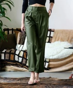 42POPS | Army Green Faux Leather Pleated Straight-Leg Pants - Women