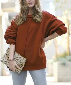 42POPS | Dark Rust Over-Sized Front-Seam Hi-Low Crewneck Sweatshirt - Women