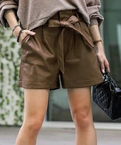 42POPS | Americano Faux Leather Tie-Waist Pocket Paper-Bag Shorts - Women