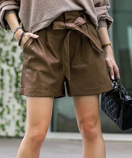 42POPS | Americano Faux Leather Tie-Waist Pocket Paper-Bag Shorts - Women
