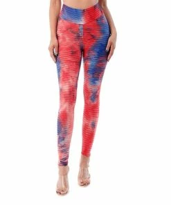 42POPS | Red & Blue Abstract Waffle-Rib High-Waist Shaping Leggings - Women