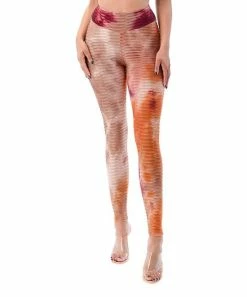 42POPS | Tan & Orange Abstract Waffle-Rib High-Waist Shaping Leggings - Women