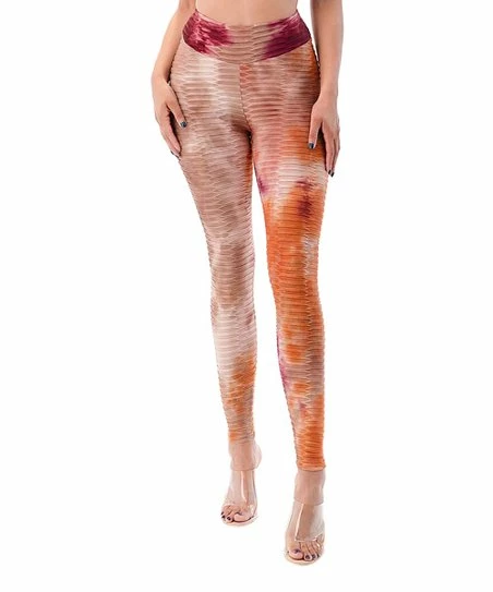 42POPS | Tan & Orange Abstract Waffle-Rib High-Waist Shaping Leggings - Women