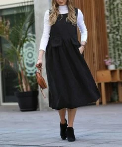 42POPS | Black Corduroy Square Neck Sleeveless Pocket Midi Dress - Women