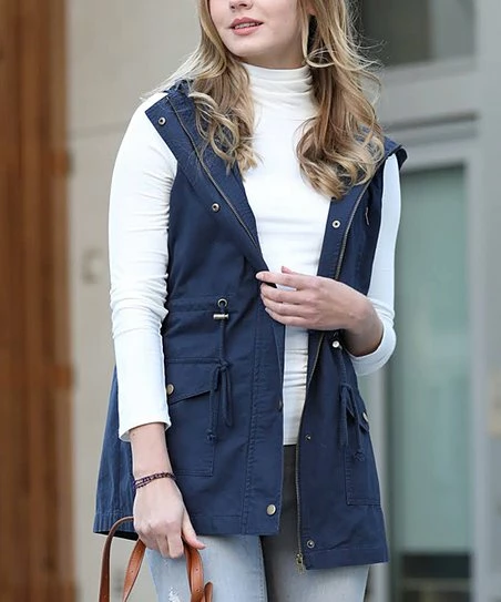 42POPS | Navy Drawstring-Waist Pocket Zip-Up Hooded Vest - Women