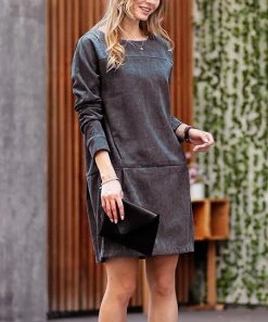 42POPS | Ash Gray Corduroy Boatneck Long-Sleeve Pocket Shift Dress - Women