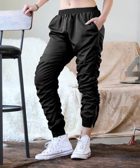 42POPS | Black Ruched Elastic-Waist Zip-Cuff Pocket Joggers - Women