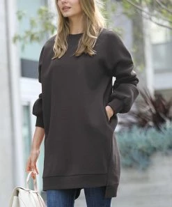 42POPS | Ash Gray Relaxed-Fit Crewneck Longline Pocket Sweatshirt - Women