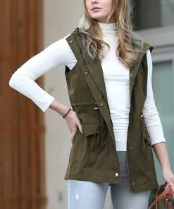 42POPS | Dark Olive Drawstring-Waist Pocket Zip-Up Hooded Vest - Women