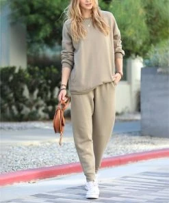 42POPS | Khaki Crewneck Sweatshirt & Drawstring Pocket Joggers - Women