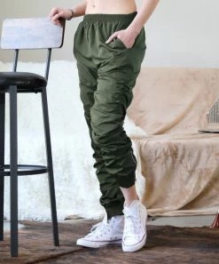 42POPS | Army Green Ruched Elastic-Waist Zip-Cuff Pocket Joggers - Women