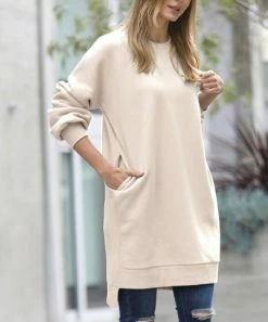42POPS | Sand Beige Relaxed-Fit Crewneck Longline Pocket Sweatshirt - Women