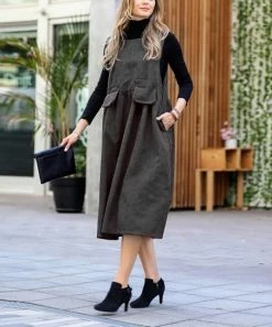 42POPS | Ash Gray Corduroy Square Neck Sleeveless Pocket Midi Dress - Women