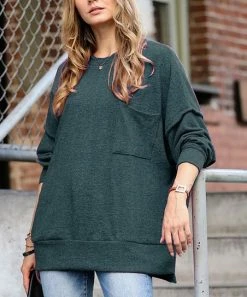 42POPS | Hunter Green Brushed Melange Crewneck Hi-Low Pocket Sweatshirt - Women