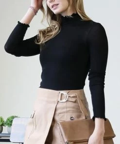 42POPS | Black Lettuce-Hem Mock Neck Long-Sleeve Top - Women