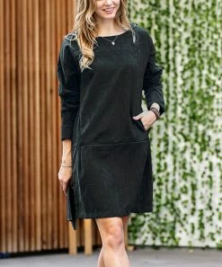42POPS | Black Corduroy Boatneck Long-Sleeve Pocket Shift Dress - Women