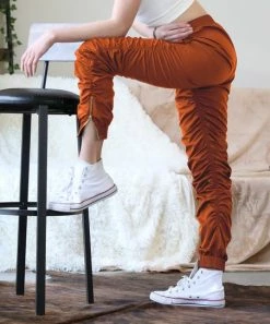 42POPS | Rust Ruched Elastic-Waist Zip-Cuff Pocket Joggers - Women