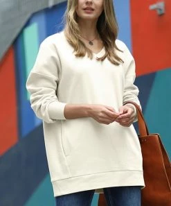 42POPS | Cream V-Neck Pocket Sweatshirt Tunic - Women