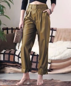 42POPS | Dusty Olive Faux Leather Pleated Straight-Leg Pants - Women