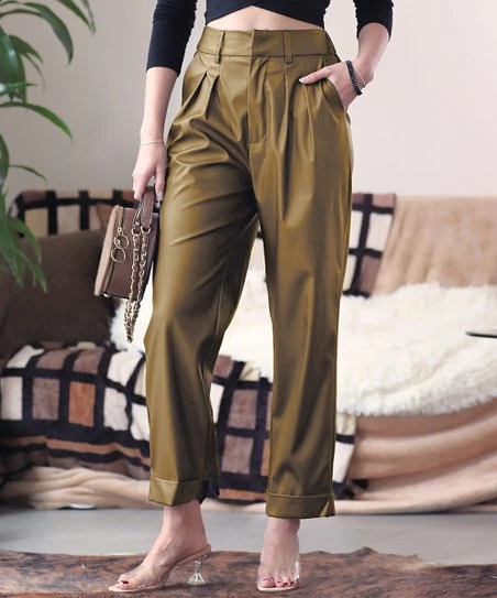 42POPS | Dusty Olive Faux Leather Pleated Straight-Leg Pants - Women