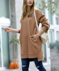 42POPS | Mocha Relaxed-Fit Crewneck Longline Pocket Sweatshirt - Women