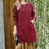 42POPS | Dark Burgundy Corduroy Boatneck Long-Sleeve Pocket Shift Dress - Women