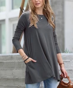 42POPS | Ash Gray Boatneck Long-Sleeve Pocket Tunic - Women