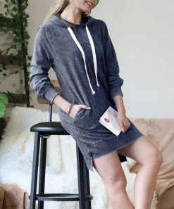 42POPS | Blue Gray Mineral Wash Hooded Hi-Low Pocket Sweatshirt Dress - Women