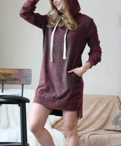 42POPS | Dark Burgundy Mineral Wash Hooded Hi-Low Pocket Sweatshirt Dress - Women