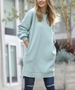 42POPS | Light Green Longline Crewneck Hi-Low Pocket Sweatshirt - Women