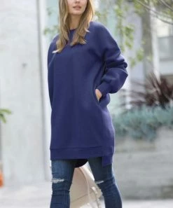 42POPS | Navy Longline Crewneck Hi-Low Pocket Sweatshirt - Women