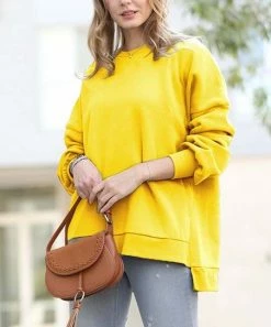 42POPS | Yellow Crewneck Long-Sleeve Hi-Low Pocket Sweatshirt - Women