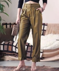 42POPS | Dusty Olive Front-Pleat Faux Leather Straight-Leg Pants - Women
