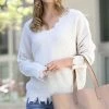 42POPS | Bone Distressed Drop-Shoulder V-Neck Sweater - Women