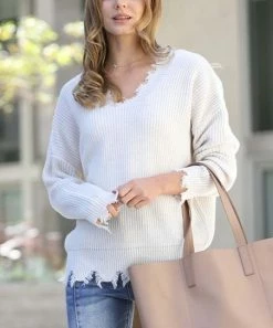 42POPS | Bone Distressed Drop-Shoulder V-Neck Sweater - Women