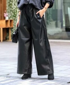 42POPS | Black Faux Leather Pocket Wide-Leg Pants - Women