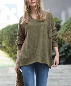 42POPS | Dark Olive Melange V-Neck Hi-Low Pocket Sweater - Women